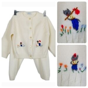 Vtg Toddler Sweater Set Cardigan Pants Knit Acrylic Flowers Animal Made Greece
